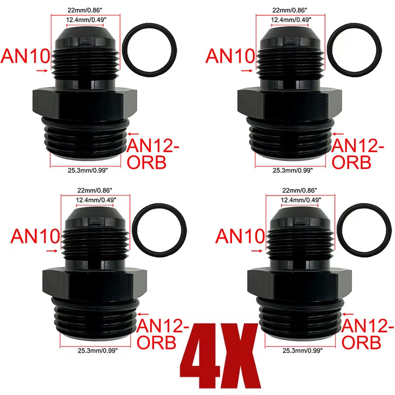 4X Fuel Line Hose Fitting Male Adapter ORB-6 ORB-8 ORB-10 ORB-12 O-Ring Boss to 6AN 8AN 10AN 12AN Aluminum Flare Fitting Black
