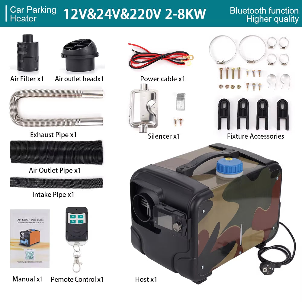 12V 24V 220V Car Air Parking Heater Set Camouflage Model 2-8KW with Bluetooth and Voice Playback Function for Ship RV Truck