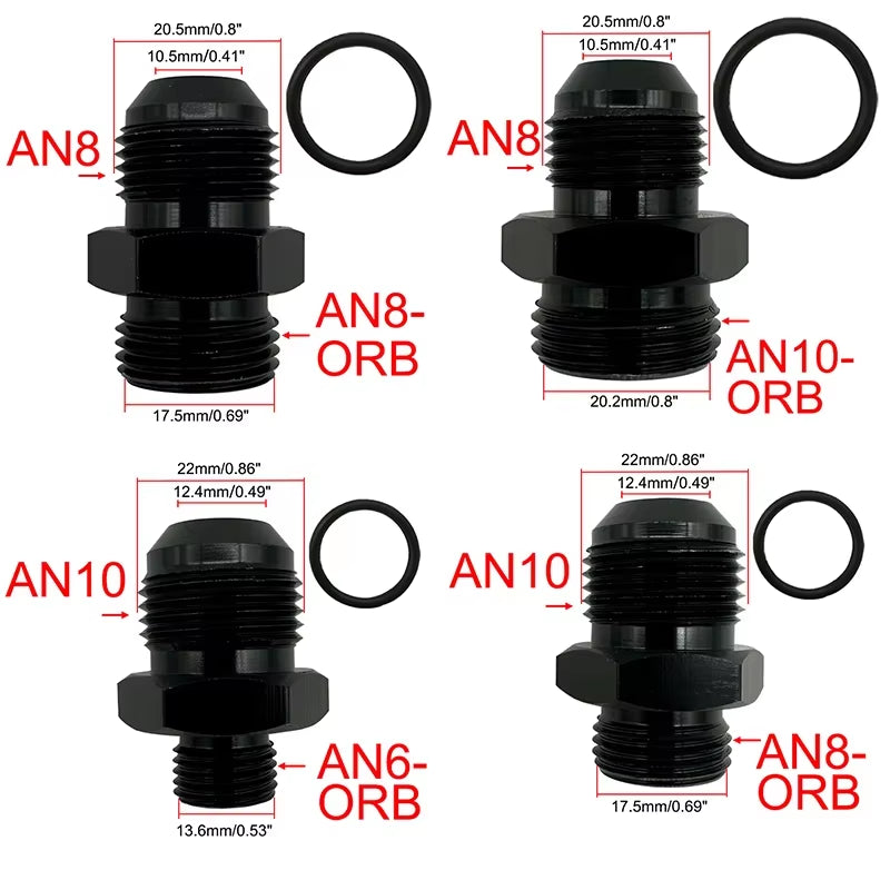 4X Fuel Line Hose Fitting Male Adapter ORB-6 ORB-8 ORB-10 ORB-12 O-Ring Boss to 6AN 8AN 10AN 12AN Aluminum Flare Fitting Black