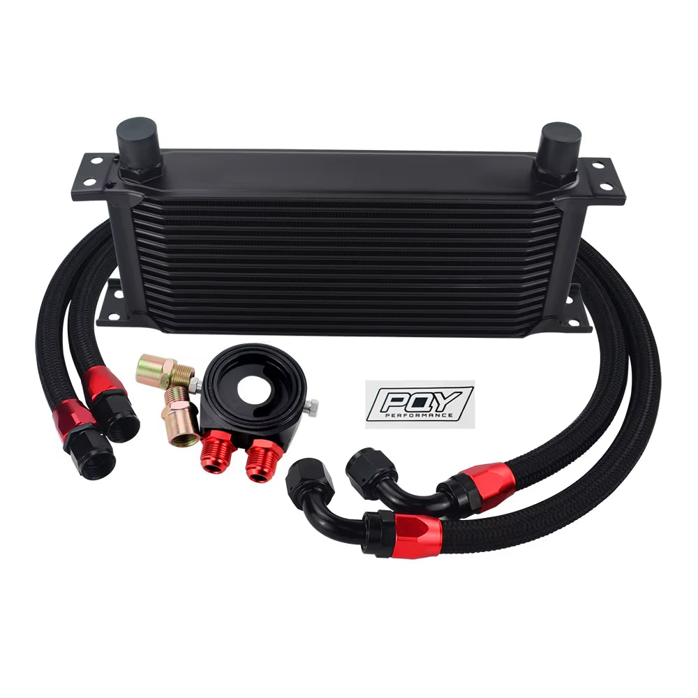 Universal 16 Rows Oil Cooler Kit with Oil Filter Sandwich Adapter and Stainless Steel Braided An10 Hose +  Sticker