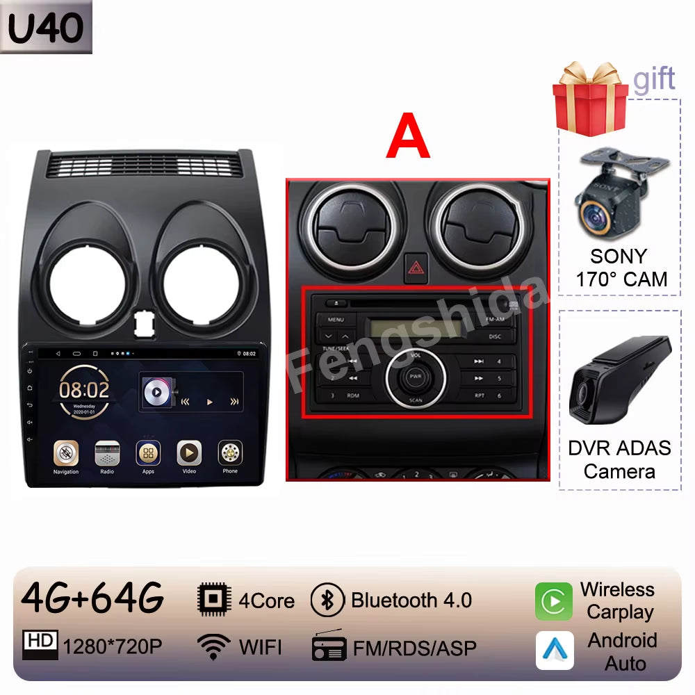 For Nissan Qashqai J10 2006 - 2013 Android 14 Auto Car Radio Multimedia Video Player Stereo Head Unit Audio Carplay