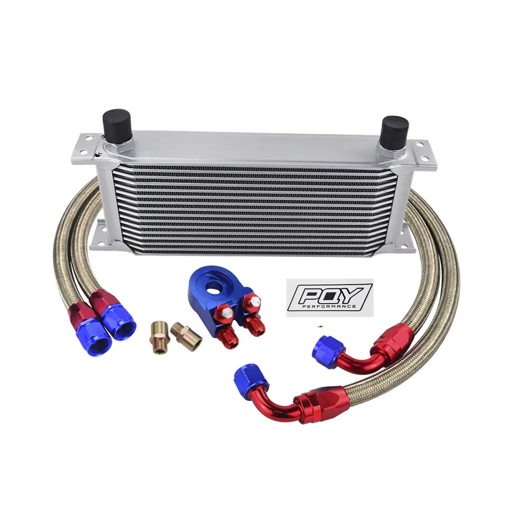 Universal 16 Rows Oil Cooler Kit with Oil Filter Sandwich Adapter and Stainless Steel Braided An10 Hose +  Sticker
