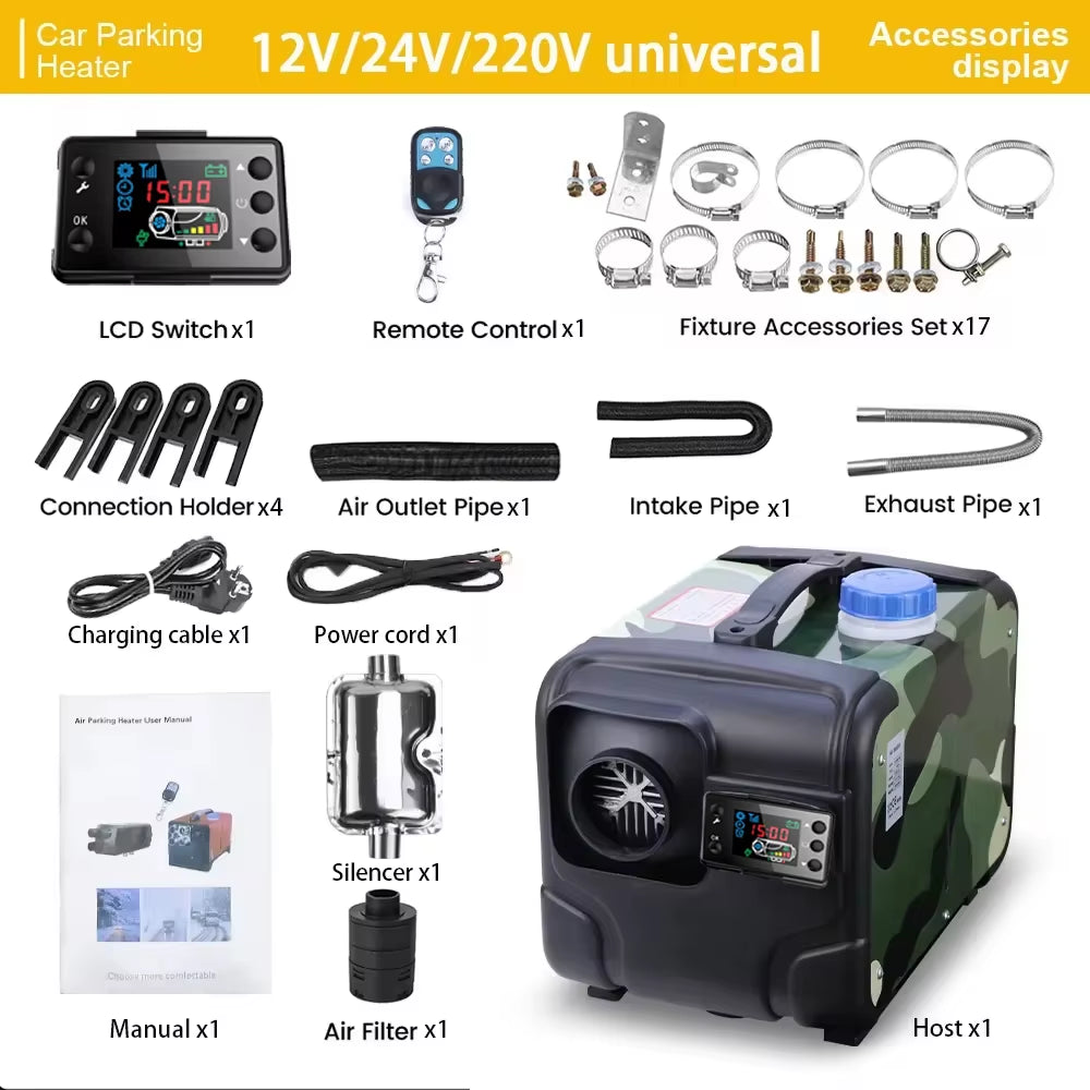 12V 24V 5000W Car Heater Air Diesel Heater Aluminum Shell Air Parking Heater Warmer Wireless LCD Remote Control Engine Preheater