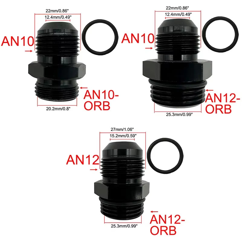 4X Fuel Line Hose Fitting Male Adapter ORB-6 ORB-8 ORB-10 ORB-12 O-Ring Boss to 6AN 8AN 10AN 12AN Aluminum Flare Fitting Black