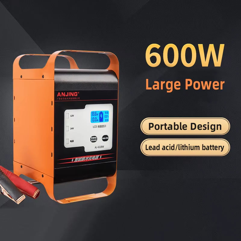 Smart 600W /400W 12V 24V Powerful Car Battery Charger Lead Acid Lithium 50A-30A Boat Auto Forklift Storage Cell Fast Charge