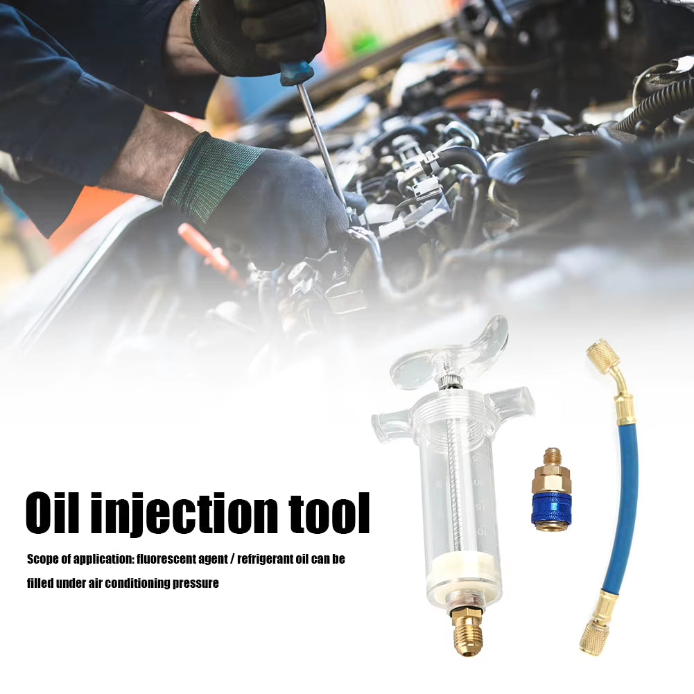 Car A/C Oil Dye Injector with Low Side Quick Coupler Adapter 1/4 SAE Manual Oiler Injection 30Ml Air Conditioning Repair Tools