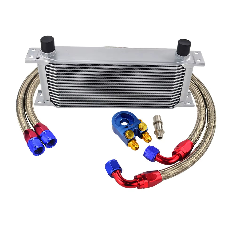 Universal 16 Rows Oil Cooler Kit with Oil Filter Sandwich Adapter and Stainless Steel Braided An10 Hose +  Sticker