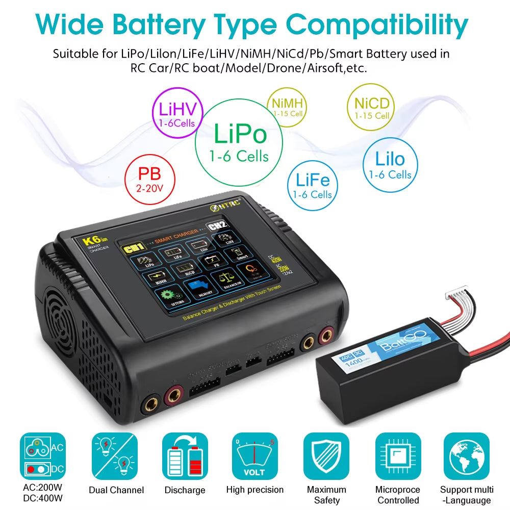 HTRC K6+Pro DC 400W AC 200W Lipo Charger RC Charger Discharger for Lihv Life Li-Lon Nicd Nimh Pb Lipo Battery Dual Charger