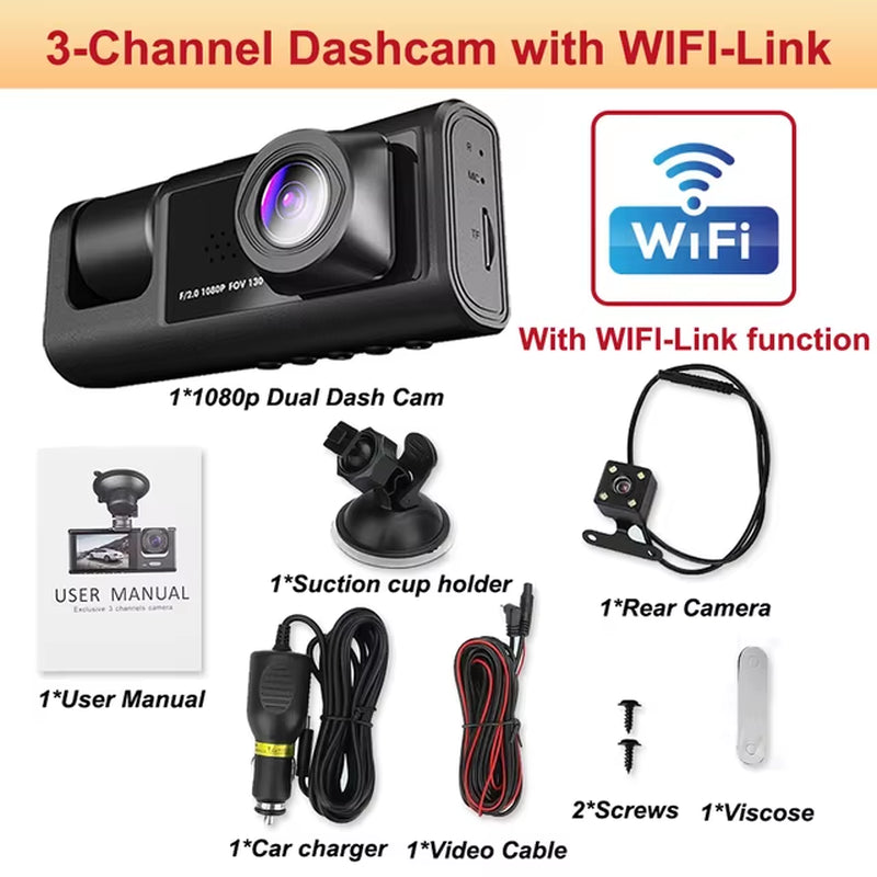 3 Lens Dash Cam for Car Front and Rear Camera 1080P Video Recorder Wifi Dashcam Black Box Car DVR Rear View Camera Car Accessory