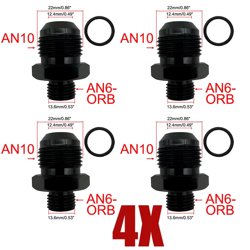 4X Fuel Line Hose Fitting Male Adapter ORB-6 ORB-8 ORB-10 ORB-12 O-Ring Boss to 6AN 8AN 10AN 12AN Aluminum Flare Fitting Black