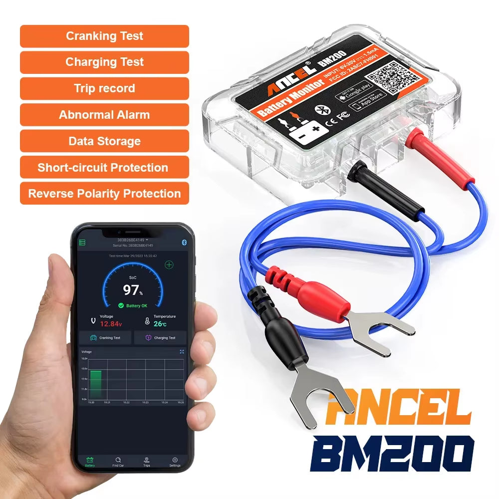 BM200 12V Battery Monitor Wireless Bluetooth Car Battery Health APP Monitoring Battery Tester Tools for Android IOS