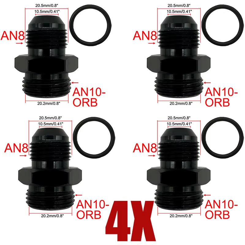 4X Fuel Line Hose Fitting Male Adapter ORB-6 ORB-8 ORB-10 ORB-12 O-Ring Boss to 6AN 8AN 10AN 12AN Aluminum Flare Fitting Black