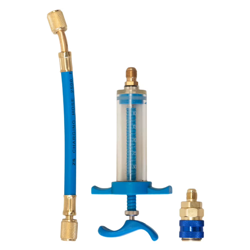 Car A/C Oil/Dye Injector 30Ml 1Oz with Low Side Quick Coupler Adapter 1/4 Air Conditioning Automotive Oiler Injection Syringe