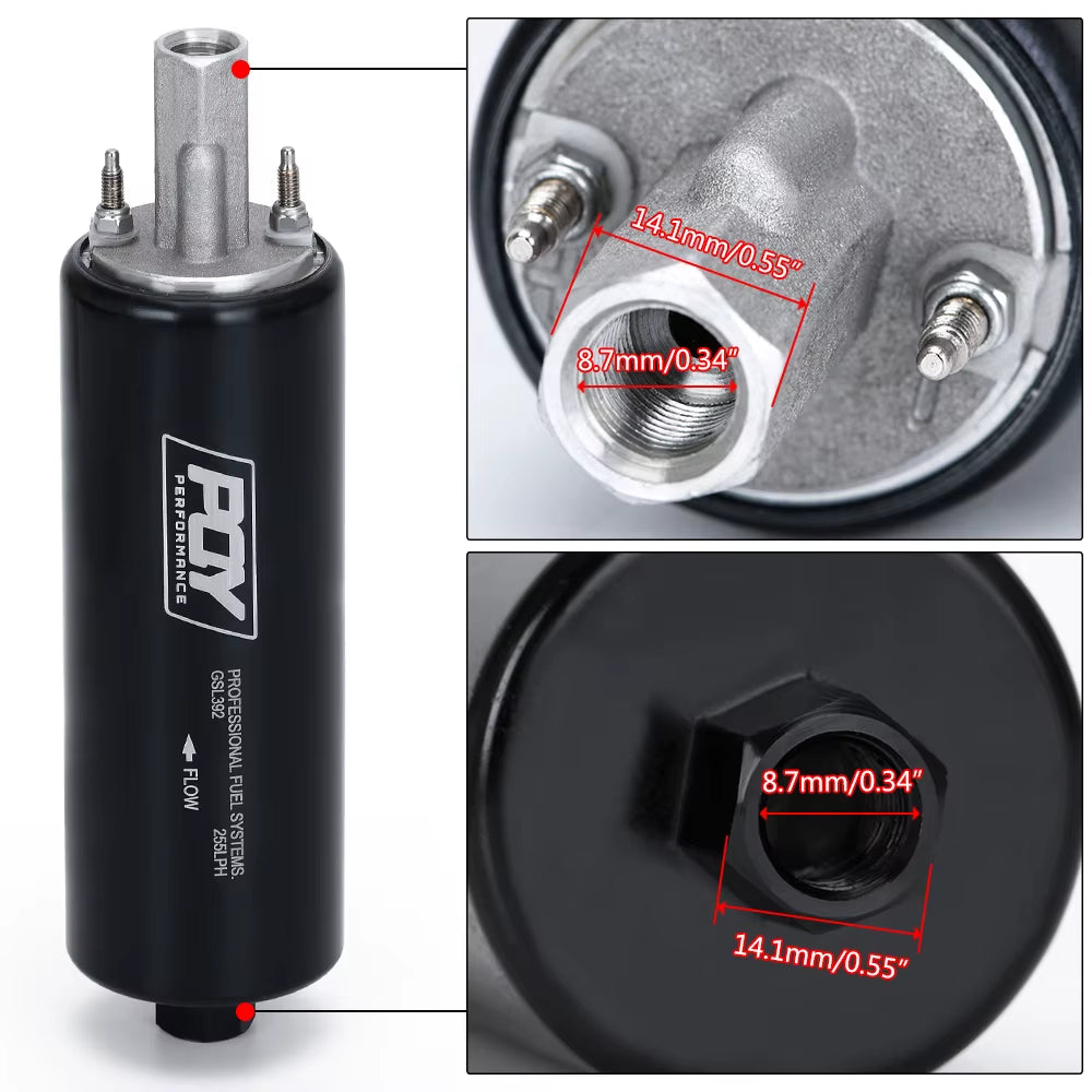 LIZHI- Black Universal High Flow & Fuel Pump GSL392 Pressure External Inline 255LPH with  Logo or Withou Logo LZ-FPB005