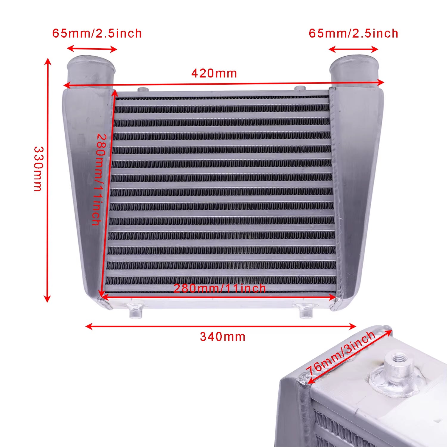 R-EP Intercooler Universal 280X280X76Mm Aluminum Cold Air Intake Radiator 2.5Inch Inlet 63Mm Outlet for Turbo Car