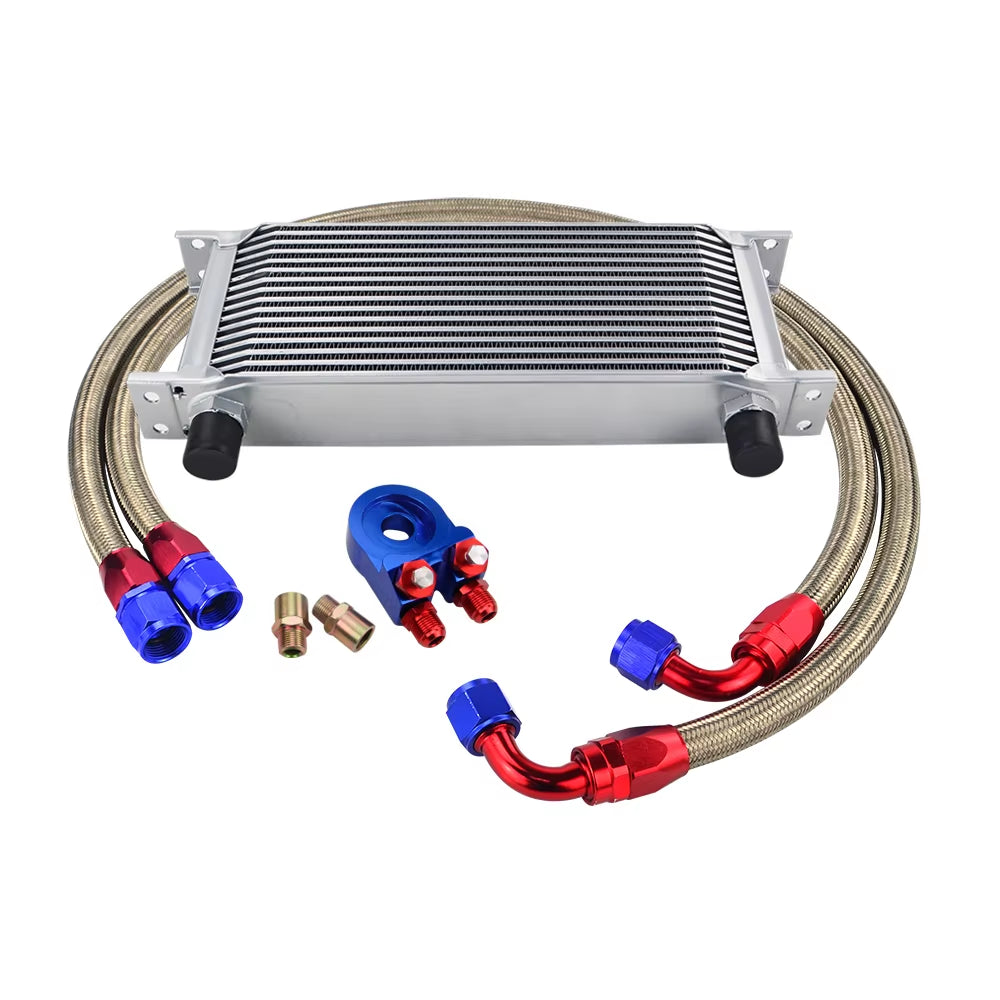 Universal 16 Rows Oil Cooler Kit with Oil Filter Sandwich Adapter and Stainless Steel Braided An10 Hose +  Sticker