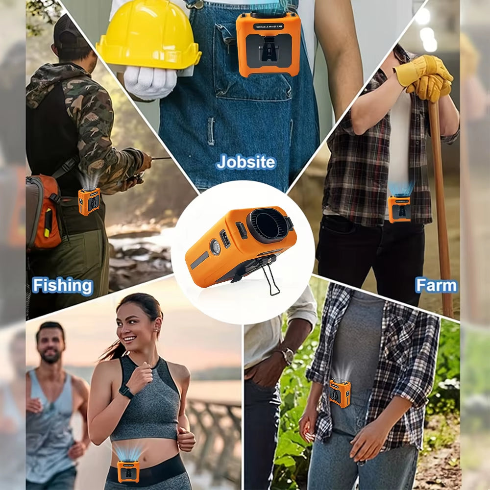 20000Mah Portable Mini Waist Hanging Fan with LED Lighting USB Power Bank Neck Hanging Fan 5-Speed Strong Airflow Cooling Fan