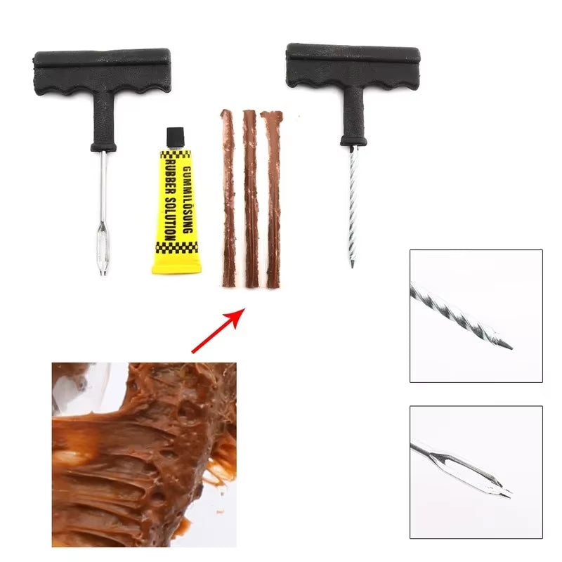 Car Tire Repair Tools Kit with Rubber Strips Tubeless Tyre Puncture Studding Plug Set for Truck Motorcycle