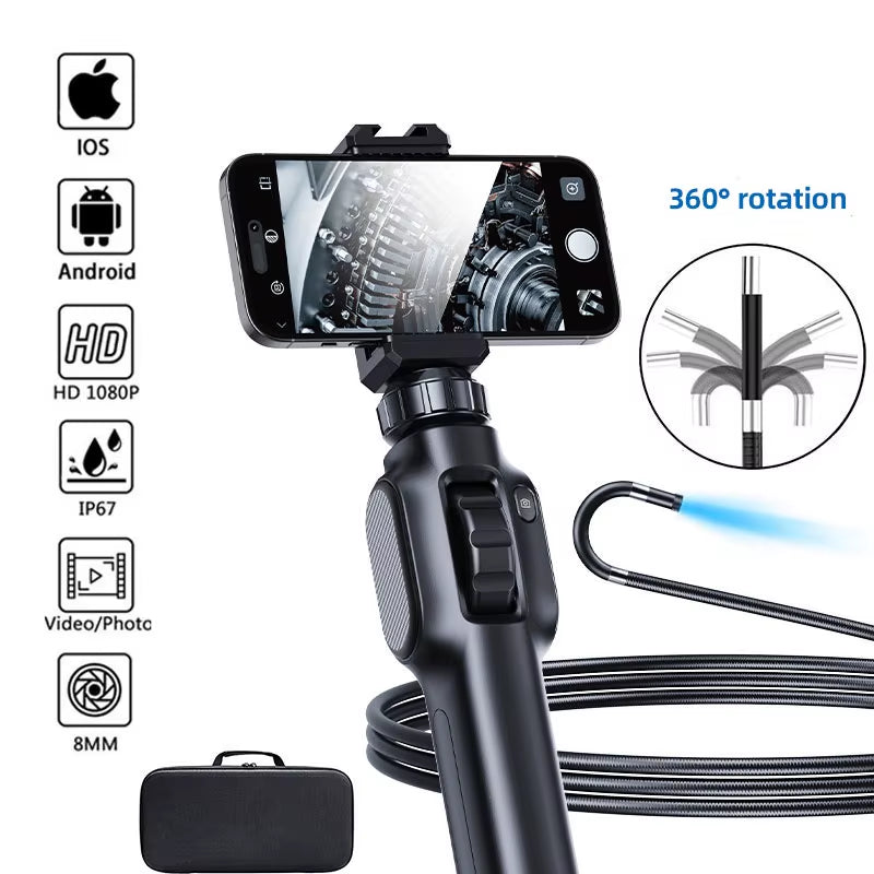 8Mm Lens 360 Degree 2 Way Rotary Articulating Industrial Endoscope Camera Car Repair Inspection Borescope with 8 LED 4.3 "Screen