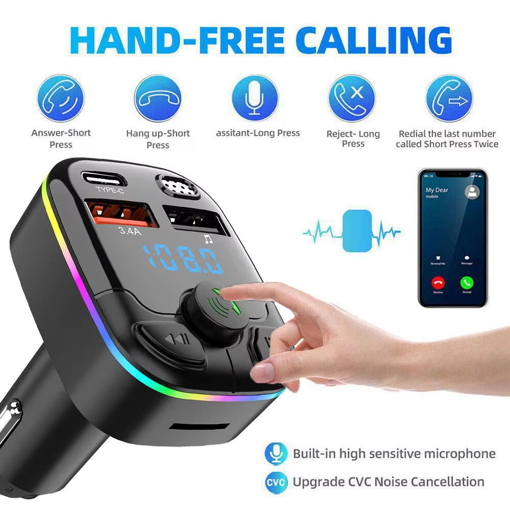 Car Bluetooth 5.0 FM Transmitter PD Type-C Dual USB Light 3.1A Player Modulator Charger Handsfree Colorful Ambient MP3 Fast J6I9