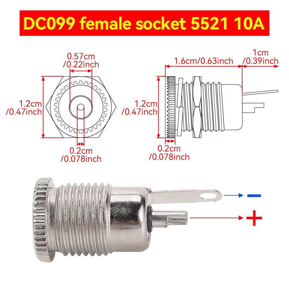 6Pcs/Set DC099 Power Supply Socket DC Female Socket 5521 5525 Power Jack Socket Female Panel Mount Connector Metal 10A
