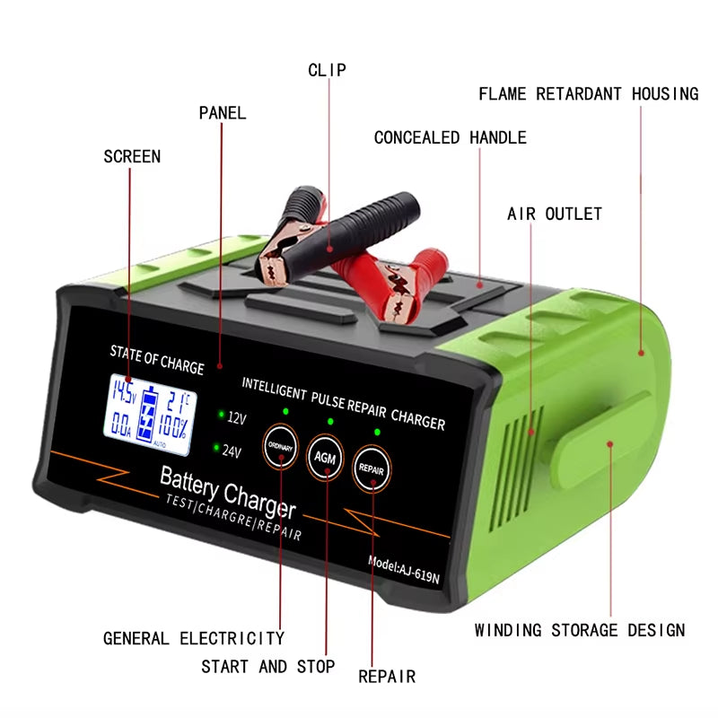12V-24V Car Battery Charger High Power 300W/400W Smart Battery Charger Fast Charging Wet Dry Lead Acid Digital LCD Display
