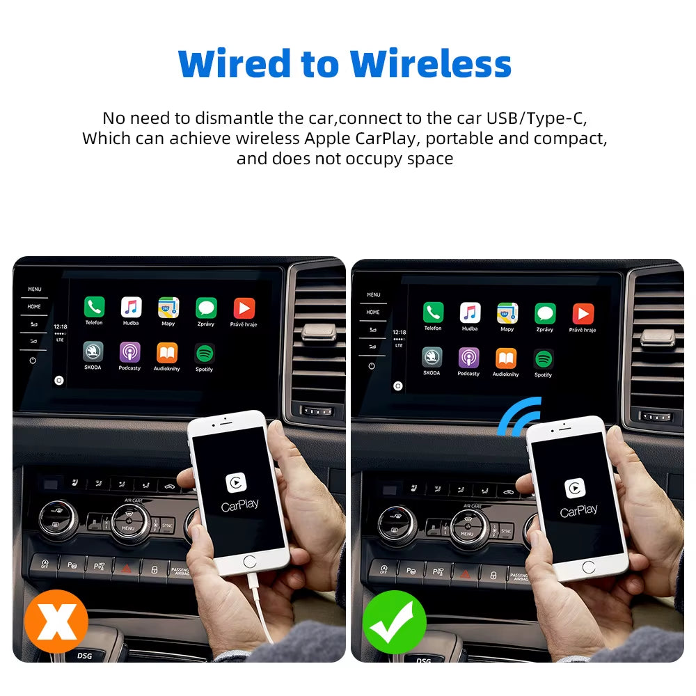 Wired to Wireless Carplay for Toyota Mazda Nissan Camry Suzuki Subaru Citroen Audi Mercedes Kia Ford Opel IOS15 Spotify BT