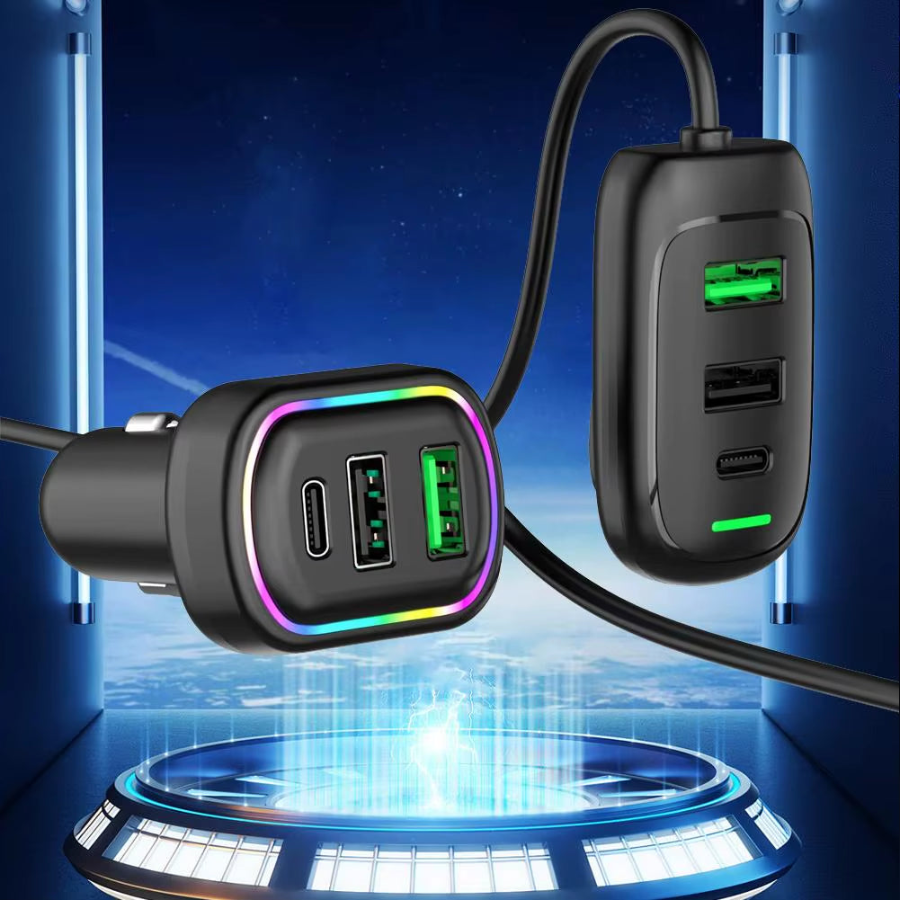 6-Ports 48W Front and Rear Extension Car Charger with RGB Light PD Fast Charging USB Type-C Power Adapter for Phone Laptop
