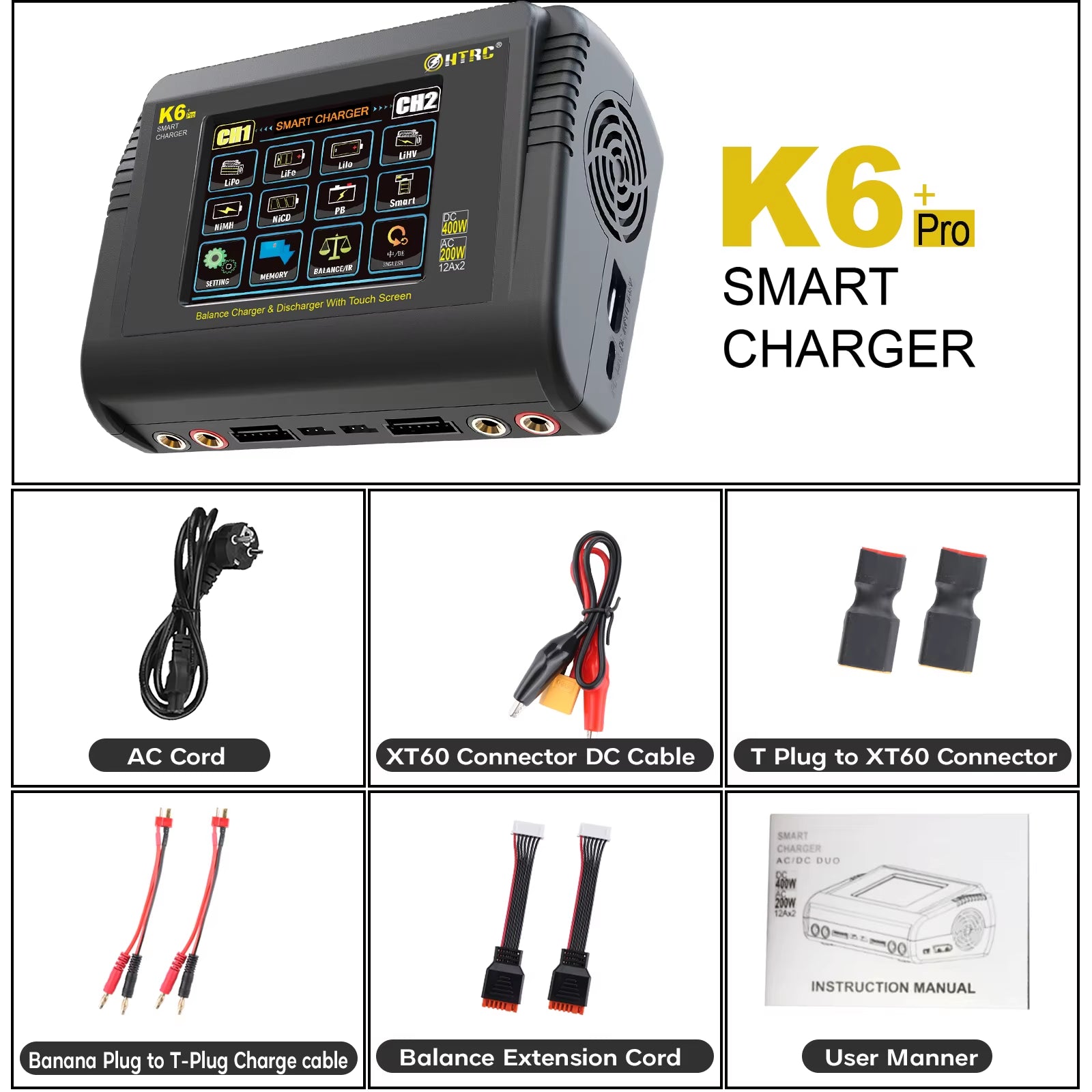 HTRC K6+Pro DC 400W AC 200W Lipo Charger RC Charger Discharger for Lihv Life Li-Lon Nicd Nimh Pb Lipo Battery Dual Charger