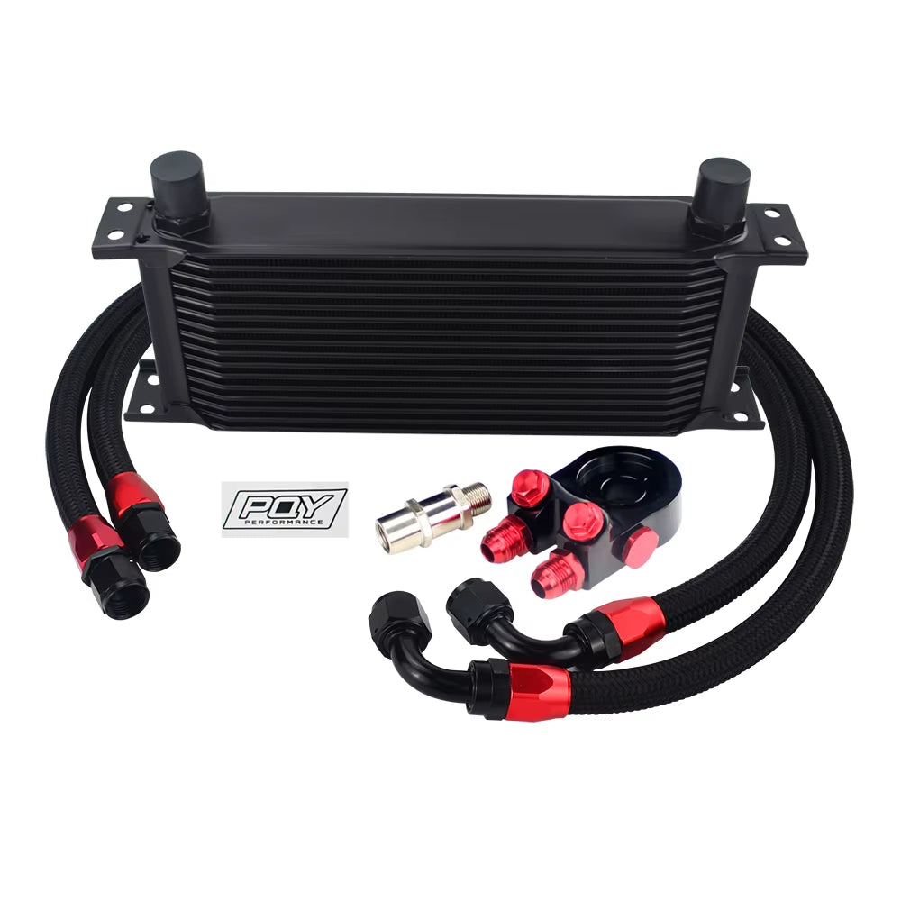 Universal 16 Rows Oil Cooler Kit with Oil Filter Sandwich Adapter and Stainless Steel Braided An10 Hose +  Sticker