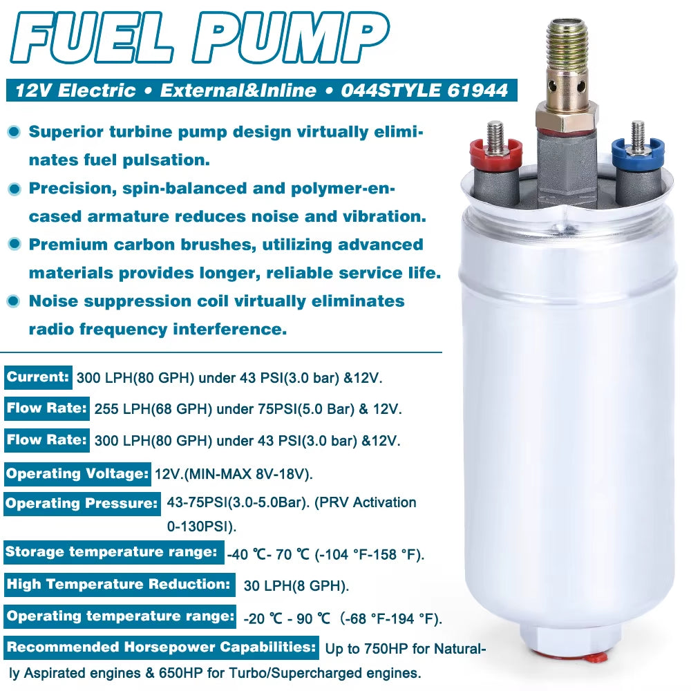 VR - TOP QUALITY External Fuel Pump 044 OEM:0580 254 044 Poulor 300Lph Come with  Pack VR-FPB044