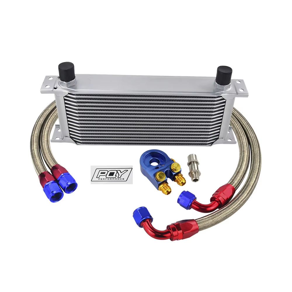 Universal 16 Rows Oil Cooler Kit with Oil Filter Sandwich Adapter and Stainless Steel Braided An10 Hose +  Sticker
