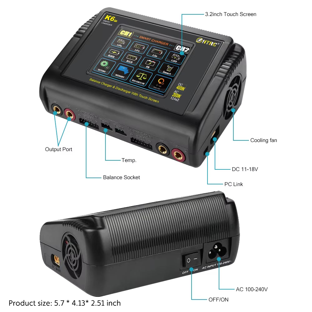 HTRC K6+Pro DC 400W AC 200W Lipo Charger RC Charger Discharger for Lihv Life Li-Lon Nicd Nimh Pb Lipo Battery Dual Charger