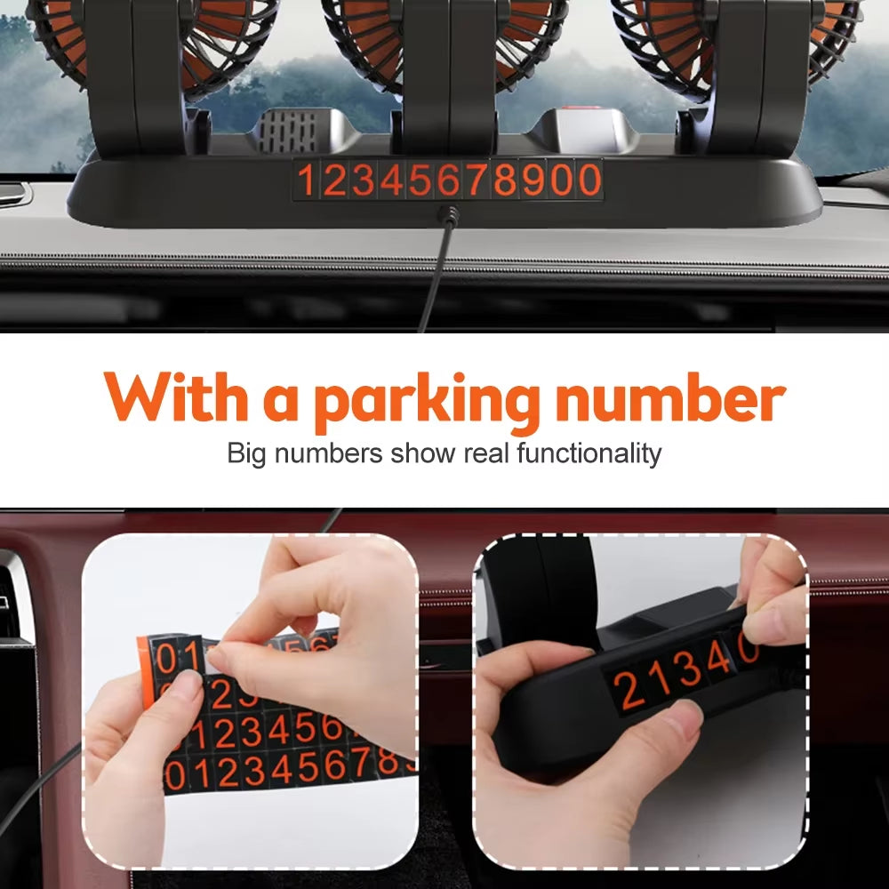 12V Automotive Fan Car Fan 24V 360° Adjustable 3 Head Air Fan Low Noise Multifunctional Temporary Parking Card Auto Vehicles Fan