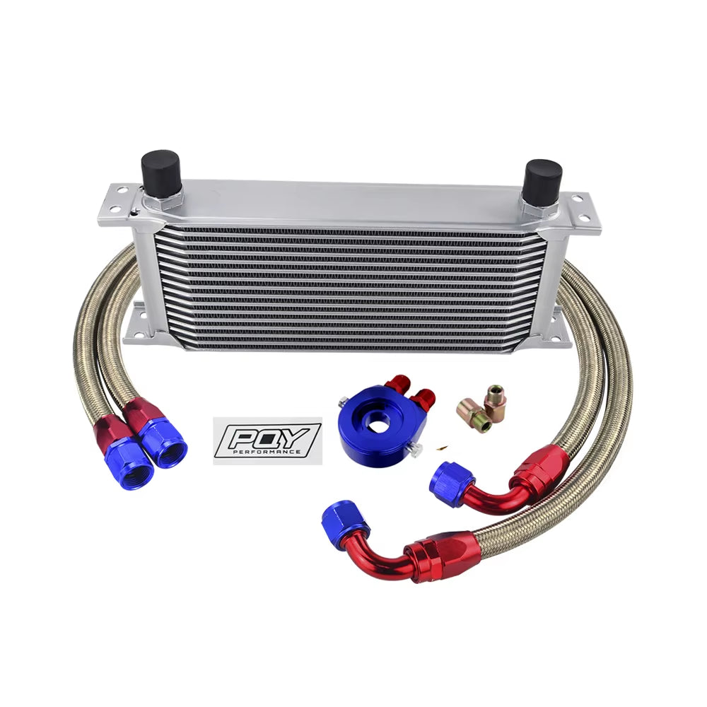 Universal 16 Rows Oil Cooler Kit with Oil Filter Sandwich Adapter and Stainless Steel Braided An10 Hose +  Sticker