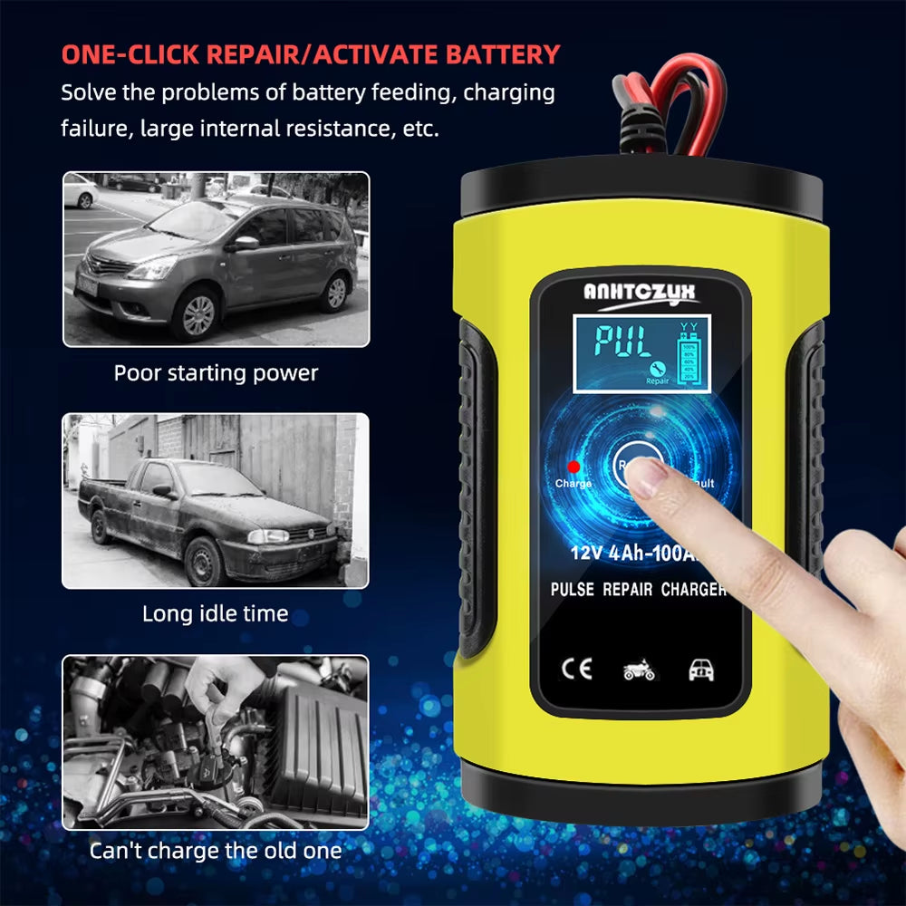 Car Battery Charger 12V 6A Touch Screen Pulse Repair Digital LCD Display Smart Fast Charger for Car Motorcycle