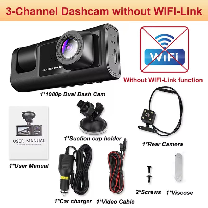 3 Lens Dash Cam for Car Front and Rear Camera 1080P Video Recorder Wifi Dashcam Black Box Car DVR Rear View Camera Car Accessory