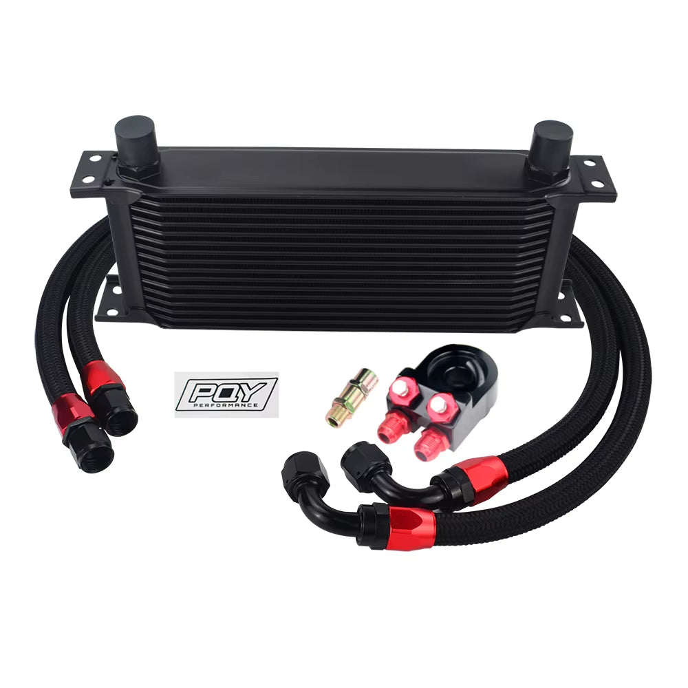 Universal 16 Rows Oil Cooler Kit with Oil Filter Sandwich Adapter and Stainless Steel Braided An10 Hose +  Sticker