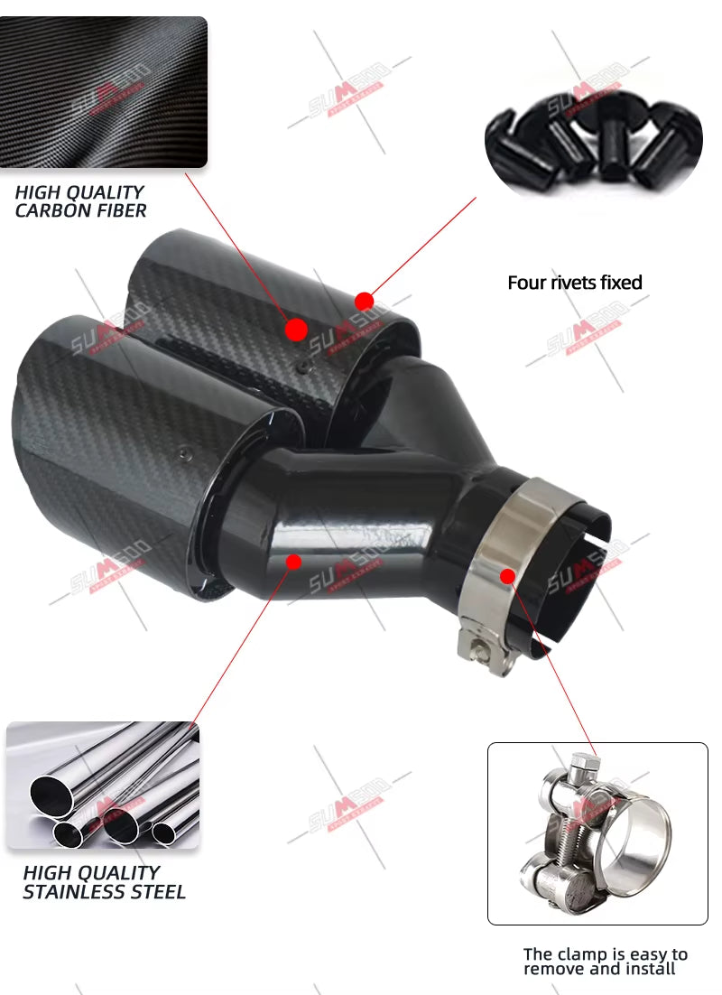 1 Pcs Glossy Carbon Fiber Black Stainless Exhaust Tips Car Muffler Double Y Pipes for Exhaust Dual Tips Car Accessori