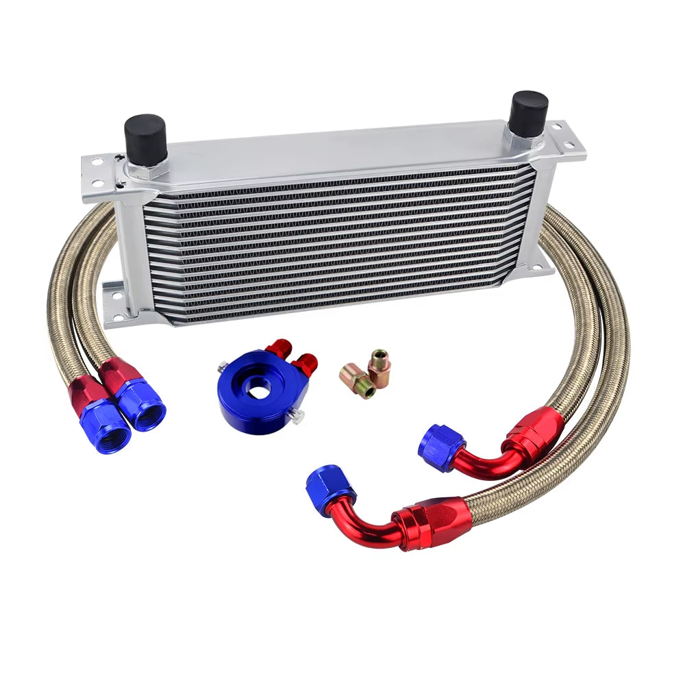 Universal 16 Rows Oil Cooler Kit with Oil Filter Sandwich Adapter and Stainless Steel Braided An10 Hose +  Sticker