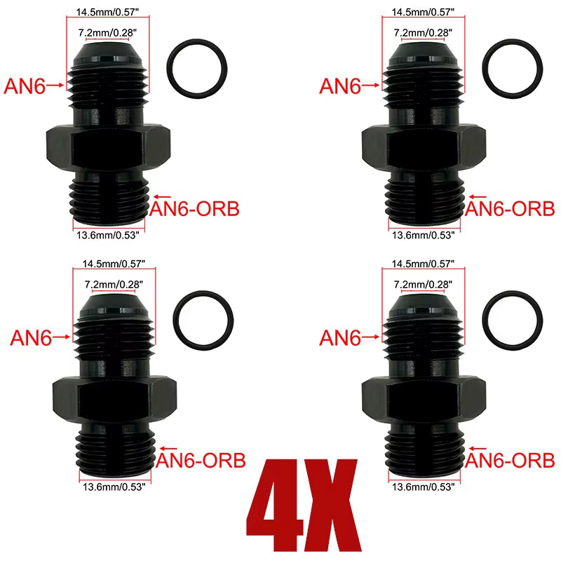 4X Fuel Line Hose Fitting Male Adapter ORB-6 ORB-8 ORB-10 ORB-12 O-Ring Boss to 6AN 8AN 10AN 12AN Aluminum Flare Fitting Black