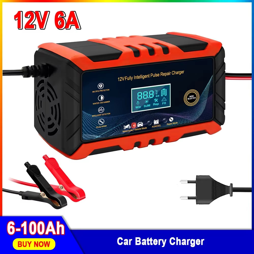 Car Battery Charger 12V 6A Touch Screen Pulse Repair Digital LCD Display Smart Fast Charger for Car Motorcycle