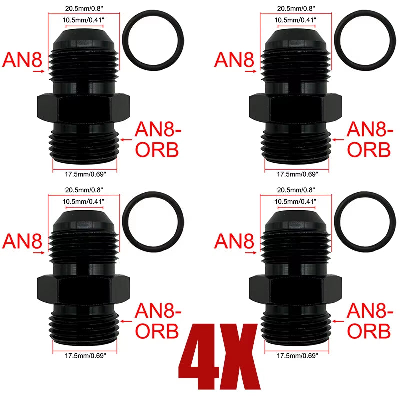 4X Fuel Line Hose Fitting Male Adapter ORB-6 ORB-8 ORB-10 ORB-12 O-Ring Boss to 6AN 8AN 10AN 12AN Aluminum Flare Fitting Black