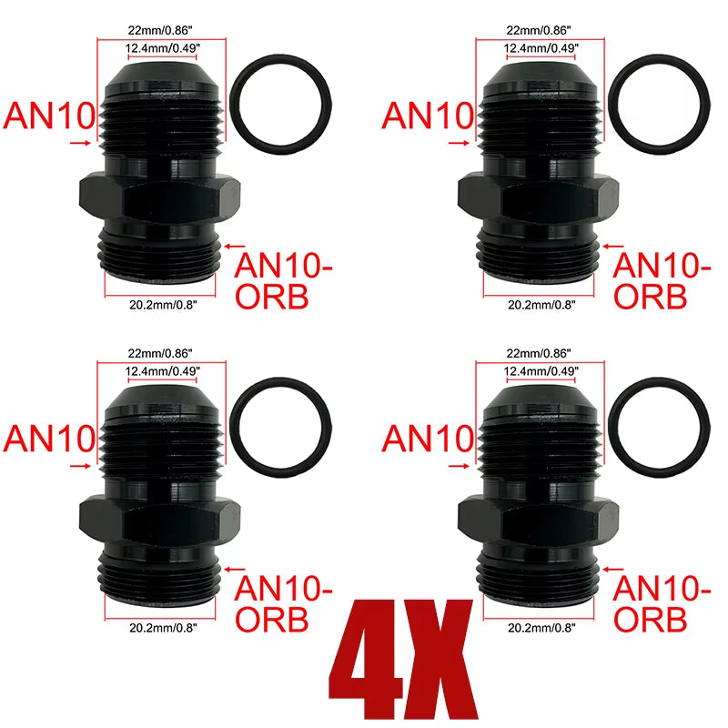 4X Fuel Line Hose Fitting Male Adapter ORB-6 ORB-8 ORB-10 ORB-12 O-Ring Boss to 6AN 8AN 10AN 12AN Aluminum Flare Fitting Black