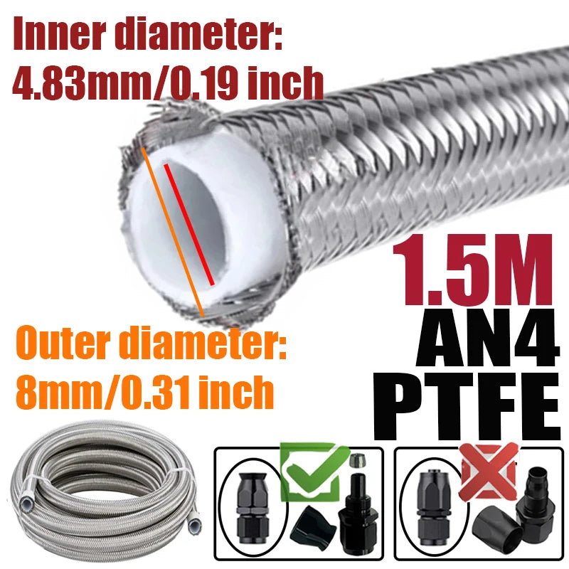 0.5M/1M/1.5M/2M 3AN 4AN 6AN 8AN 10AN E85 PTFE Fuel Hose Oil Gas Cooler Line Turbo Pipe Brake Tube 304 Stainless Steel Braided
