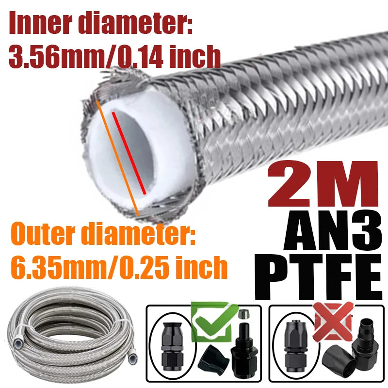0.5M/1M/1.5M/2M 3AN 4AN 6AN 8AN 10AN E85 PTFE Fuel Hose Oil Gas Cooler Line Turbo Pipe Brake Tube 304 Stainless Steel Braided