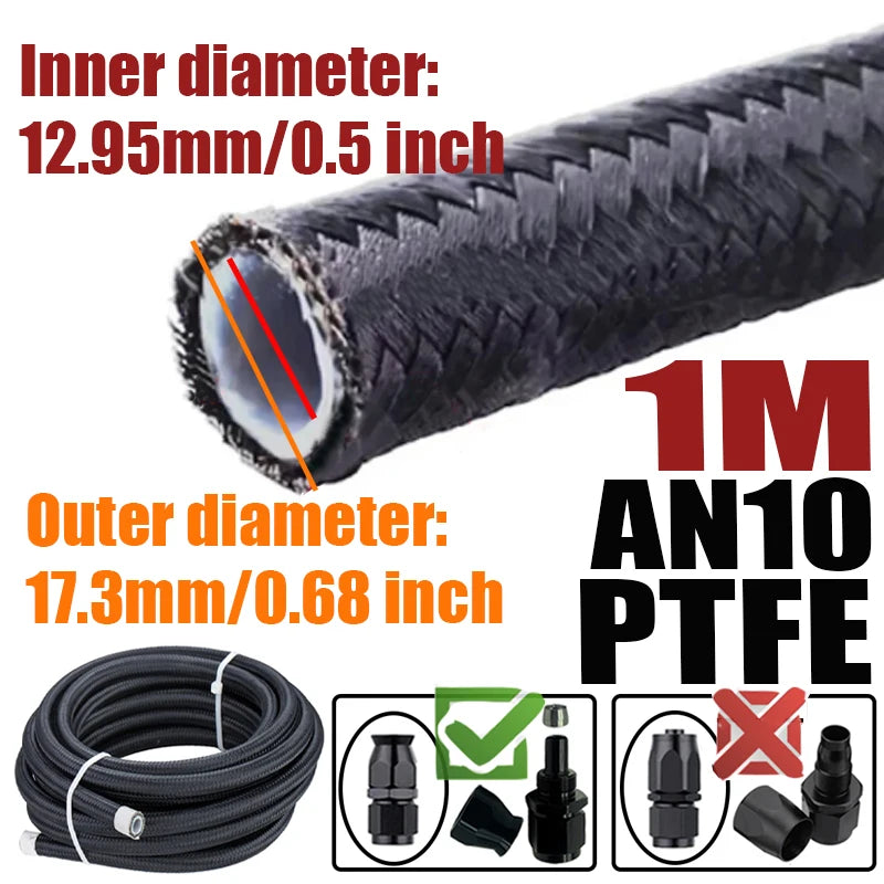 0.5M/1M/1.5M/2M 3AN 4AN 6AN 8AN 10AN PTFE E85 Fuel Hose Oil Gas Cooler Line Turbo Pipe Brake Tube Nylon Stainless Steel Braided