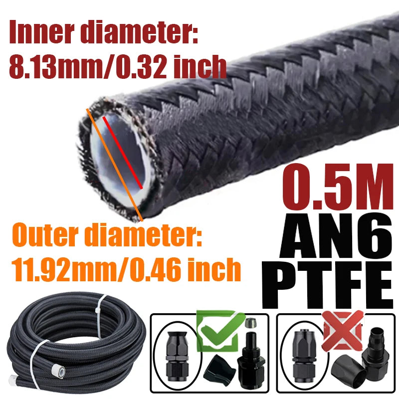 0.5M/1M/1.5M/2M 3AN 4AN 6AN 8AN 10AN PTFE E85 Fuel Hose Oil Gas Cooler Line Turbo Pipe Brake Tube Nylon Stainless Steel Braided