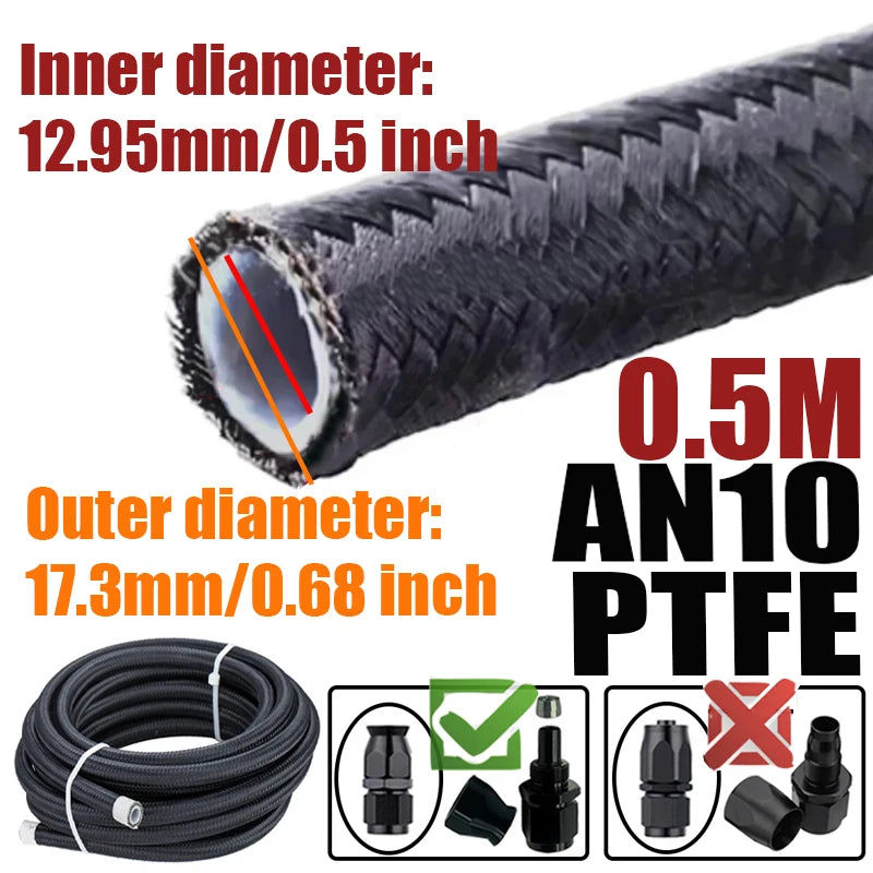 0.5M/1M/1.5M/2M 3AN 4AN 6AN 8AN 10AN PTFE E85 Fuel Hose Oil Gas Cooler Line Turbo Pipe Brake Tube Nylon Stainless Steel Braided