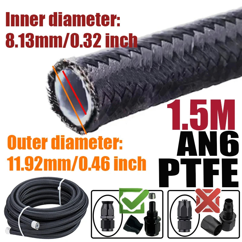 0.5M/1M/1.5M/2M 3AN 4AN 6AN 8AN 10AN PTFE E85 Fuel Hose Oil Gas Cooler Line Turbo Pipe Brake Tube Nylon Stainless Steel Braided